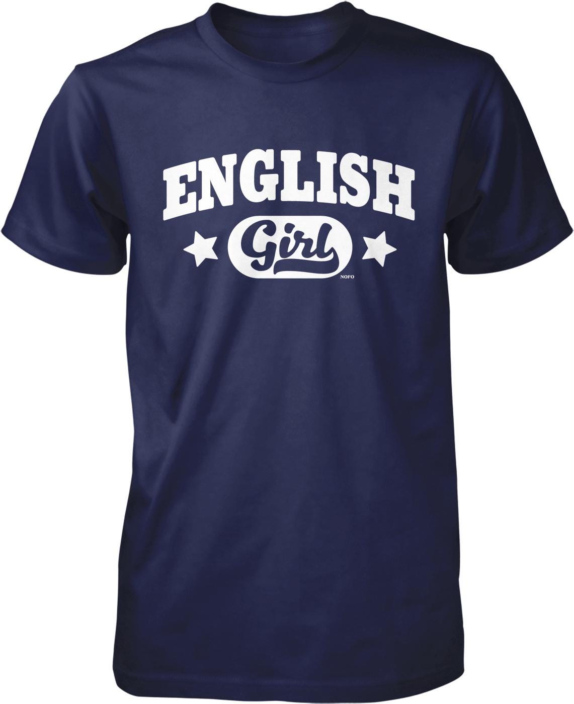 A navy blue t-shirt with the text "ENGLISH GIRL" printed on it in white letters.