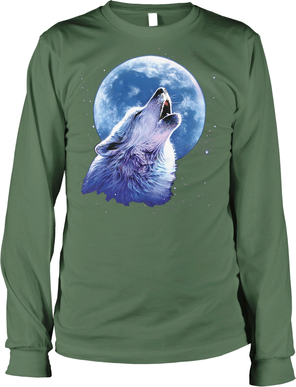 A green long-sleeved t-shirt with a graphic design depicting a wolf howling at a full moon.