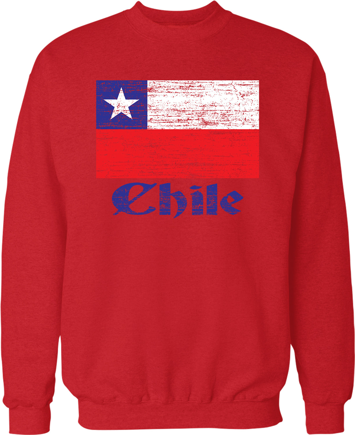 A red sweatshirt with a graphic design featuring the flag of Chile and the word "Chile" printed on it.