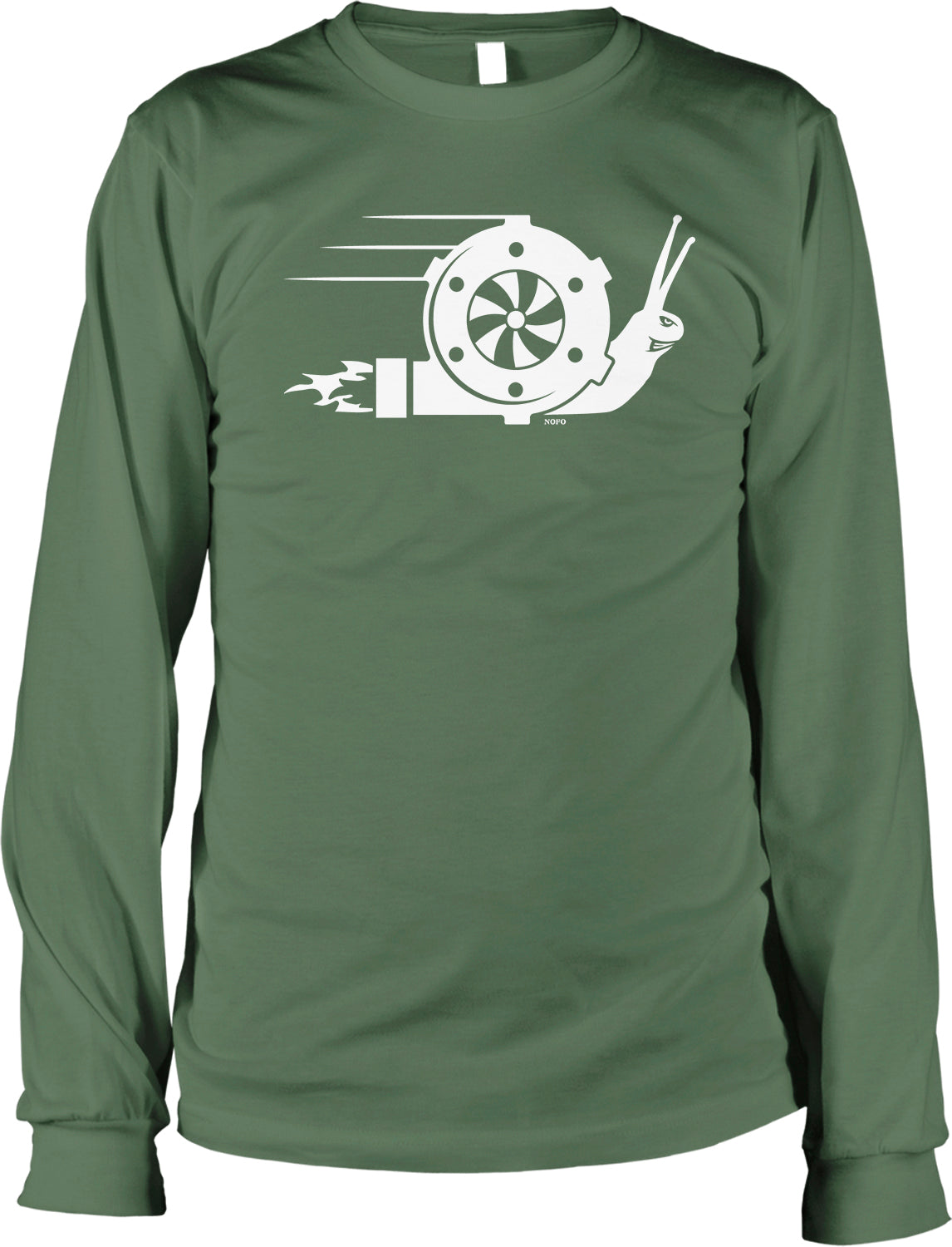 A long-sleeved green t-shirt with a white graphic design depicting a snail in motion, with a propeller or engine-like object behind it.