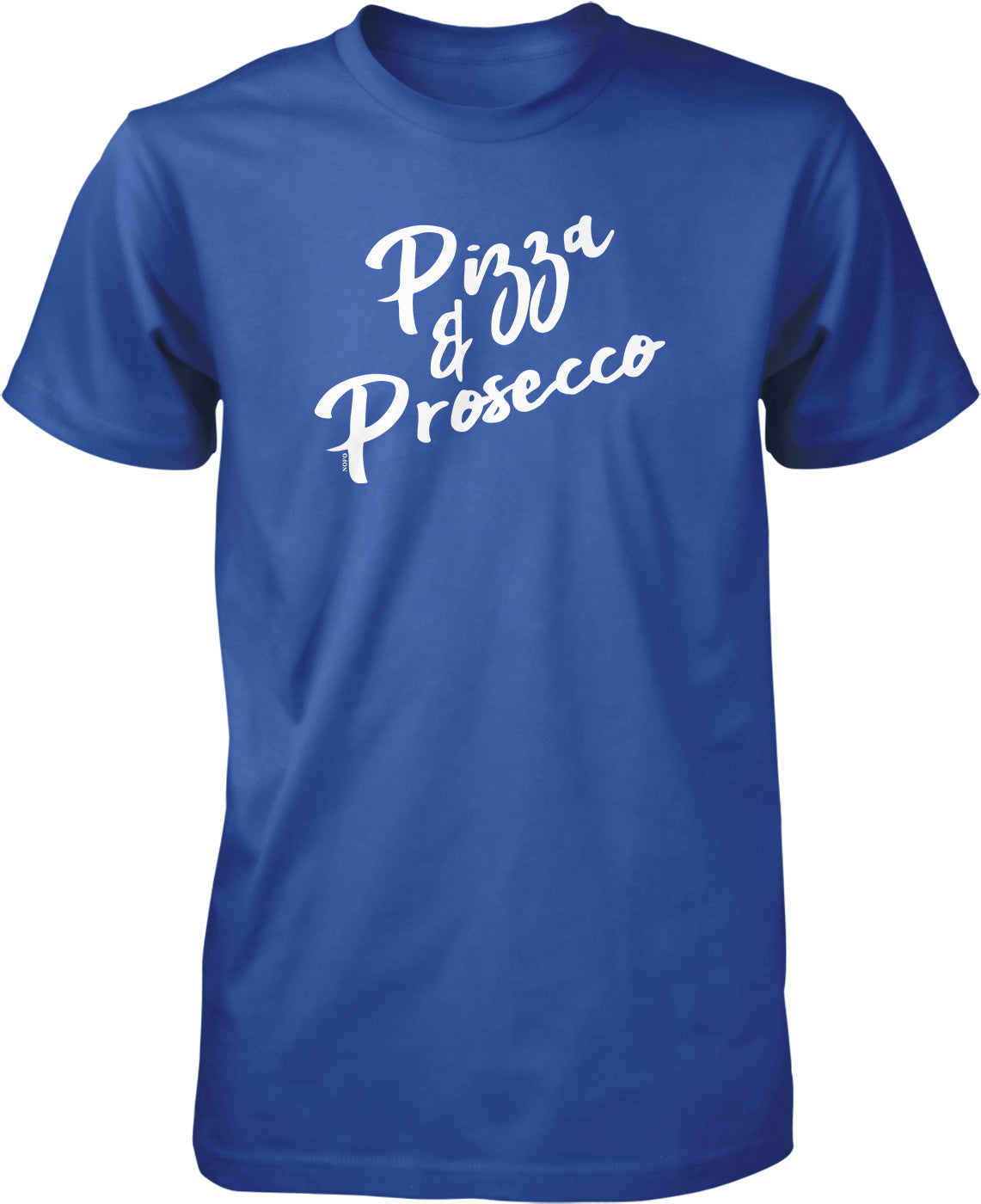 A blue t-shirt with the text "Pizza & Prosecco" printed on it in white lettering.