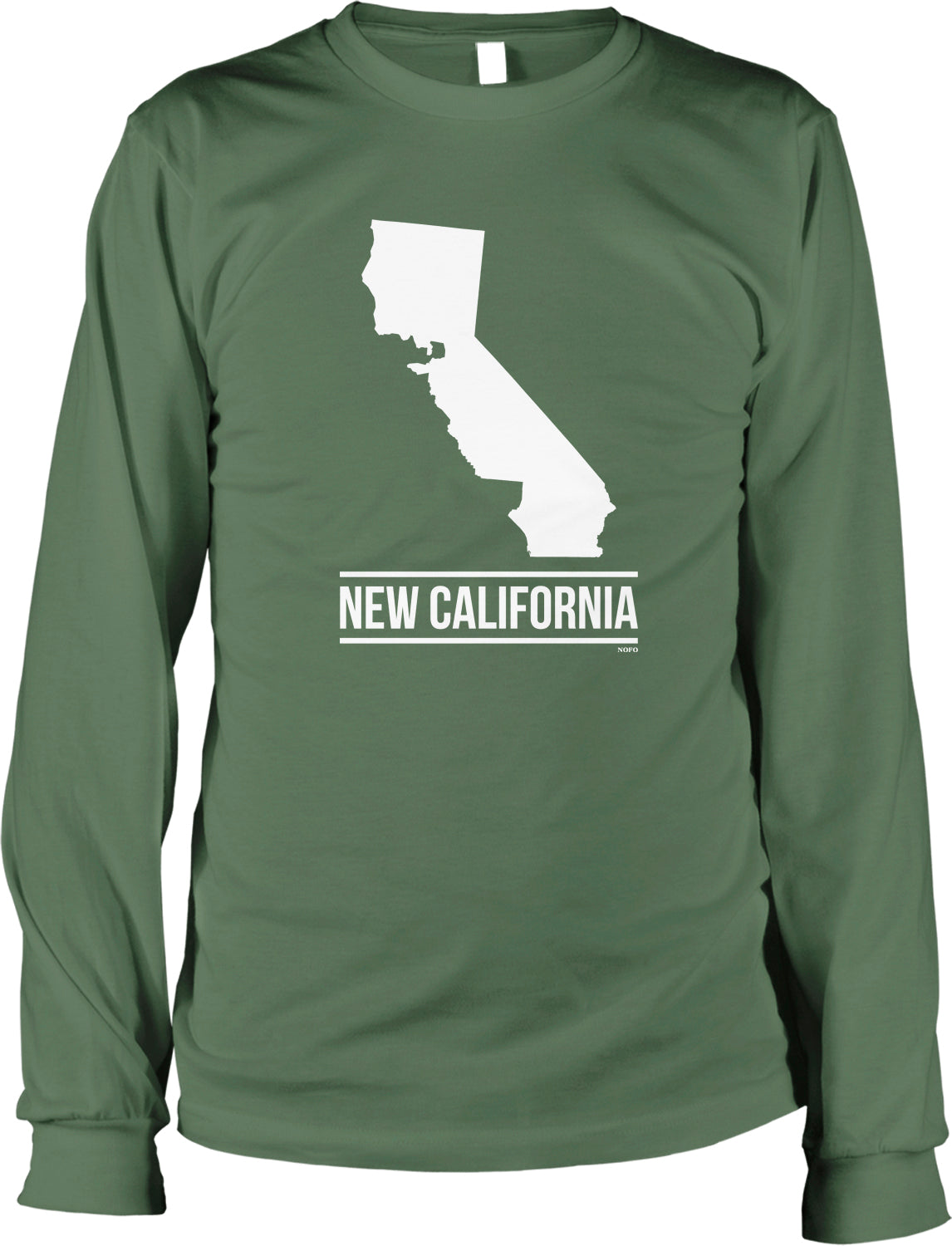 A green long-sleeved t-shirt with a white graphic of the state of California and the text "NEW CALIFORNIA" printed on it.