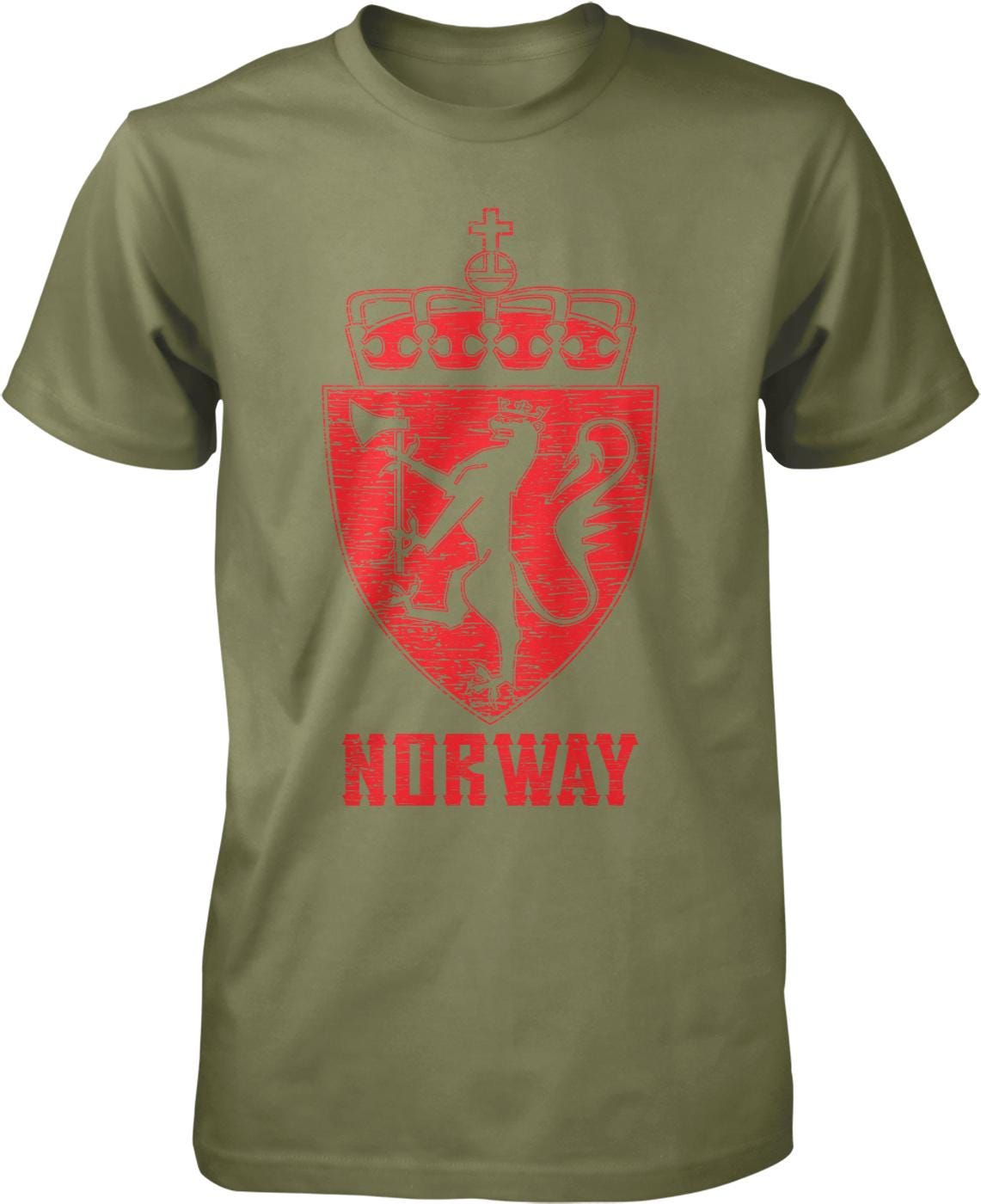 A green t-shirt with a red graphic design depicting a shield with a crown and a lion, along with the text "NORWAY" below it.