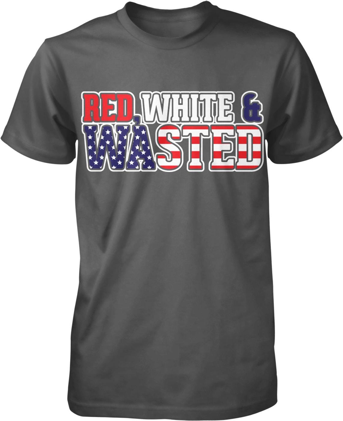 A black t-shirt with the text "RED WHITE & WASTED" printed on it in a stylized manner.