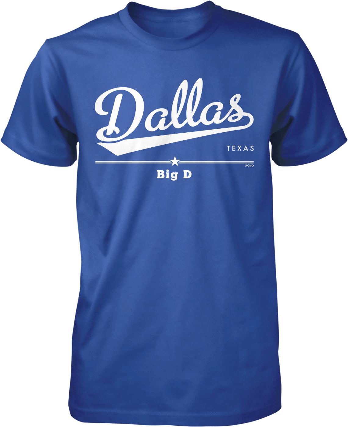 A blue t-shirt with the text "Dallas" and "Big D" printed on it.
