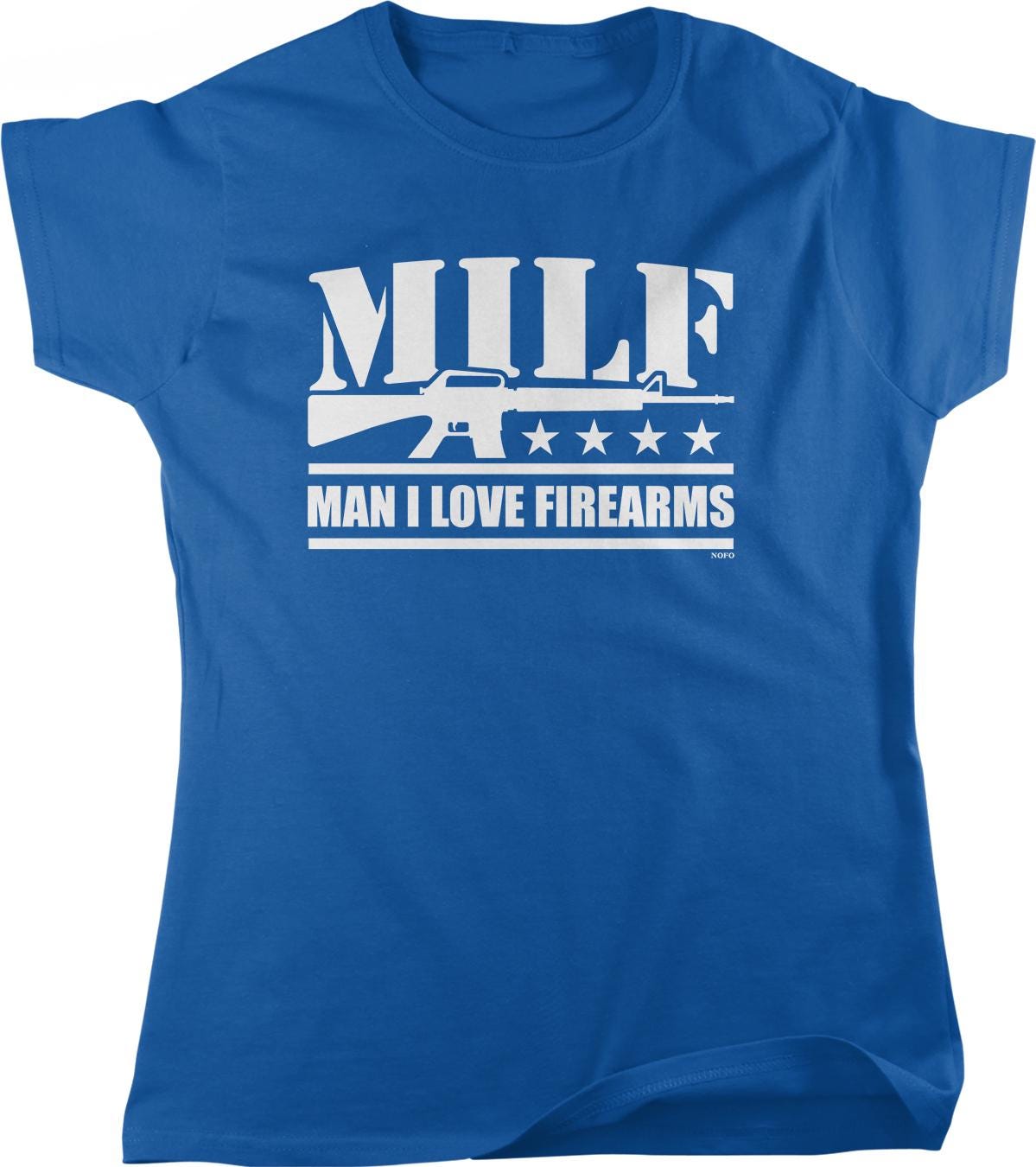 A blue t-shirt with a white graphic design that says "MILF MAN I LOVE FIREARMS" printed on it.