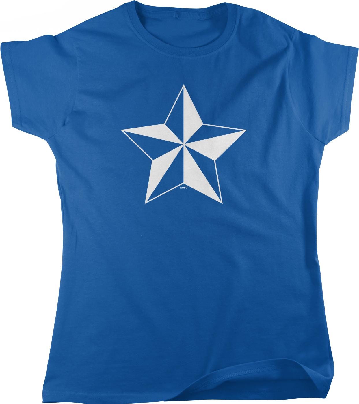 A blue t-shirt with a white star graphic printed on it.