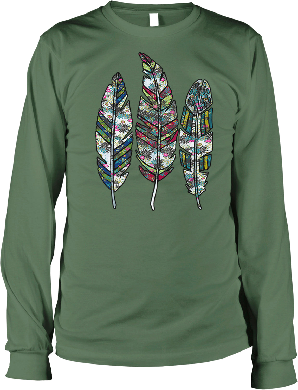A green long-sleeved t-shirt with a design of three colorful feathers on the front.
