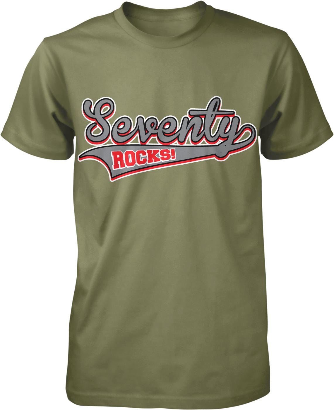 A green t-shirt with the text "Seventy Rocks!" printed on it.