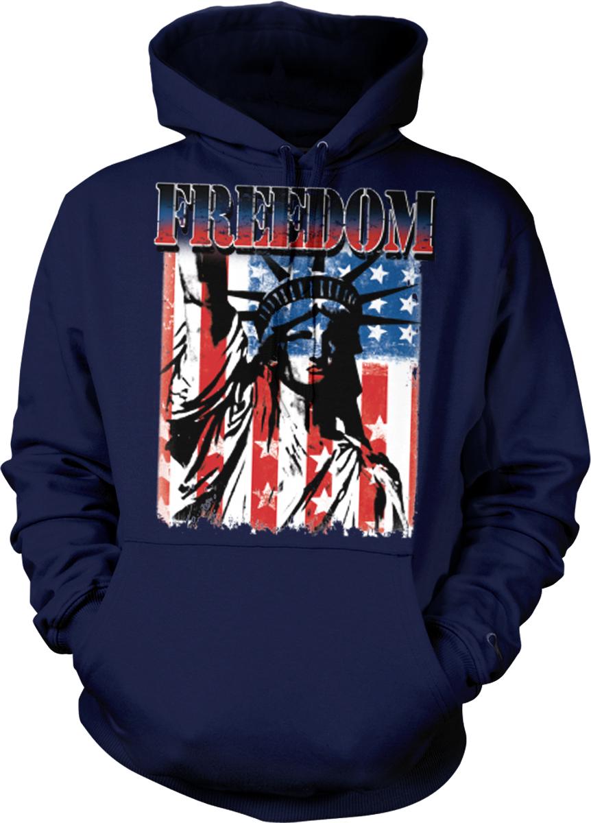 A navy blue hoodie with a graphic design featuring the Statue of Liberty and an American flag.