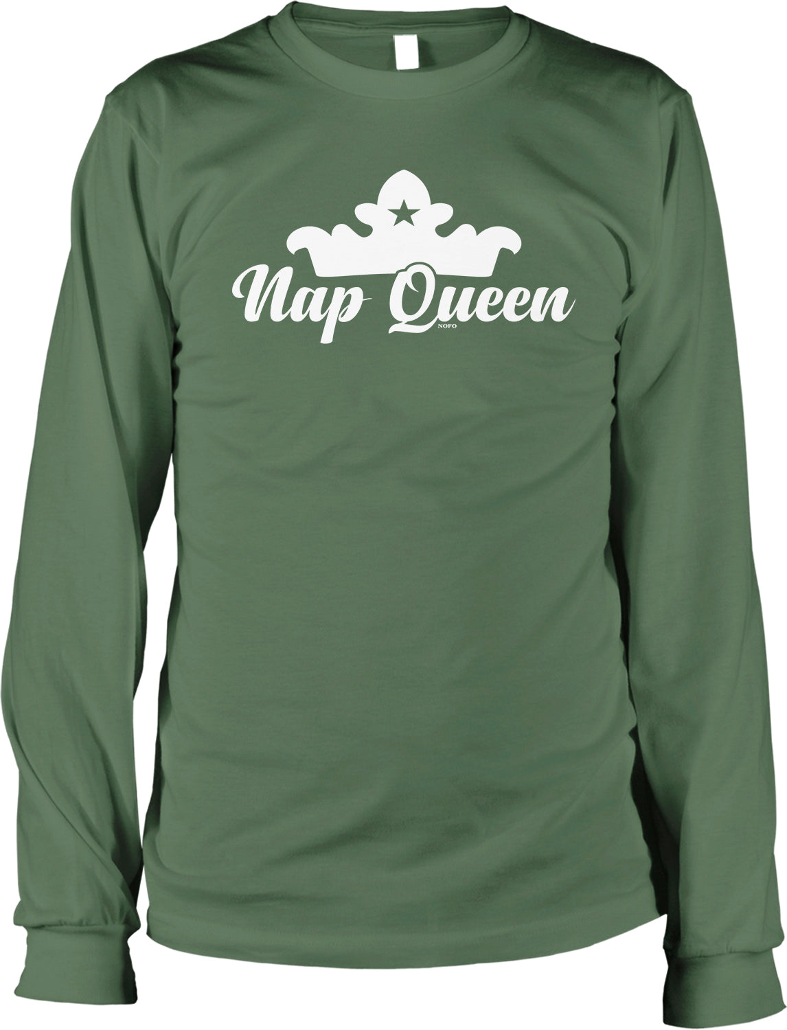 A long-sleeved green t-shirt with the text "Nap Queen" printed on it.