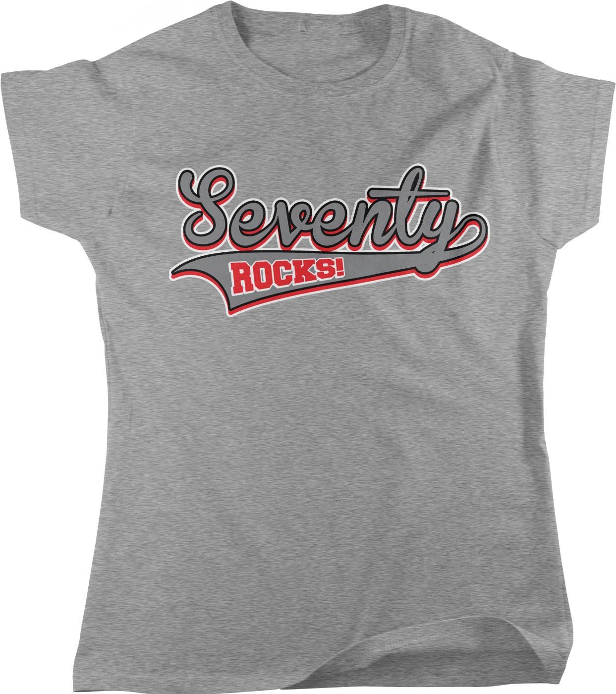 A gray t-shirt with the text "Seventy" and "ROCKS!" printed on it in a stylized font.