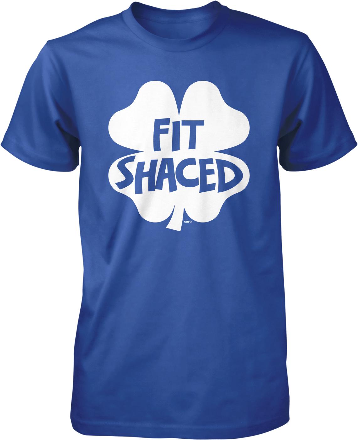 A blue t-shirt with a white clover design and the text "FIT SHAGED" printed on it.