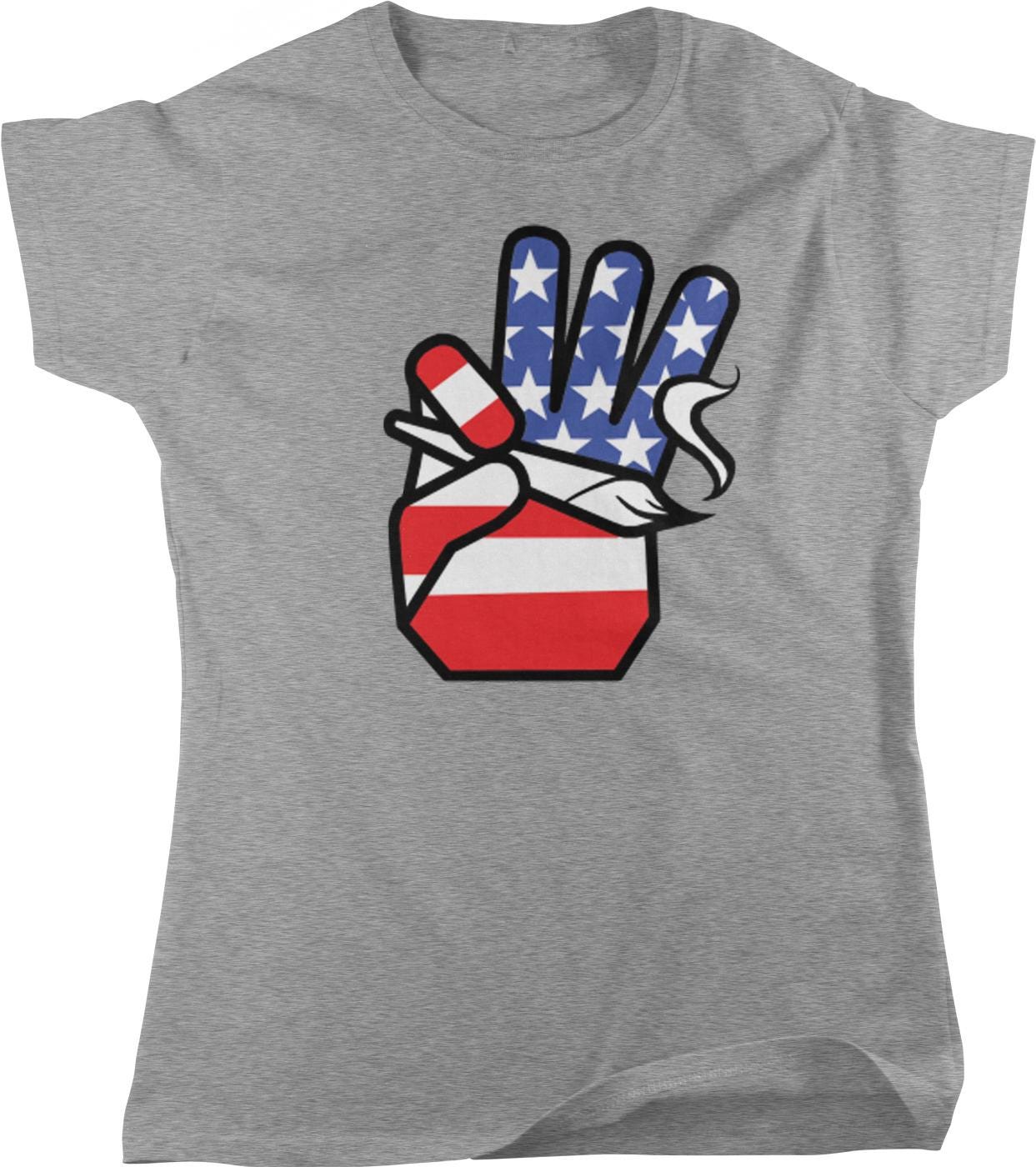 A gray t-shirt with a graphic design depicting a hand with a peace sign, featuring an American flag pattern.