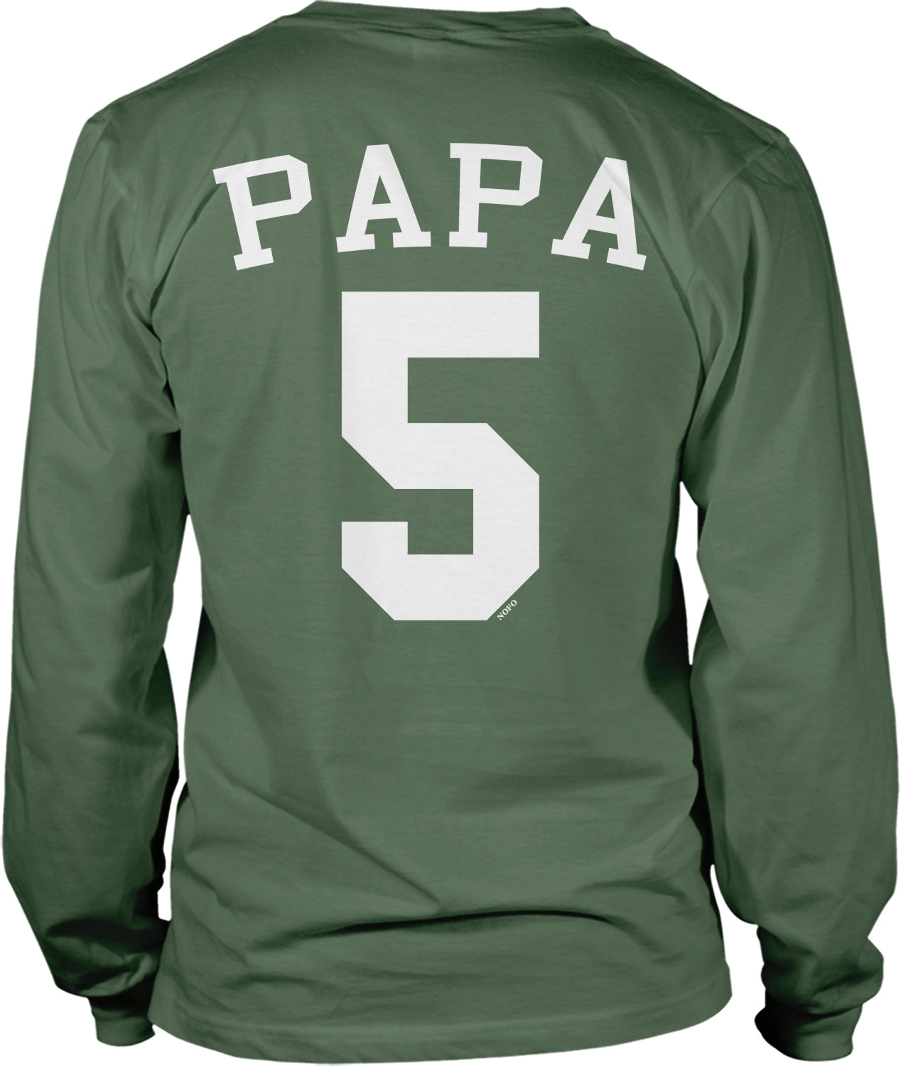 A green long-sleeved t-shirt with the text "PAPA 5" printed on the back.