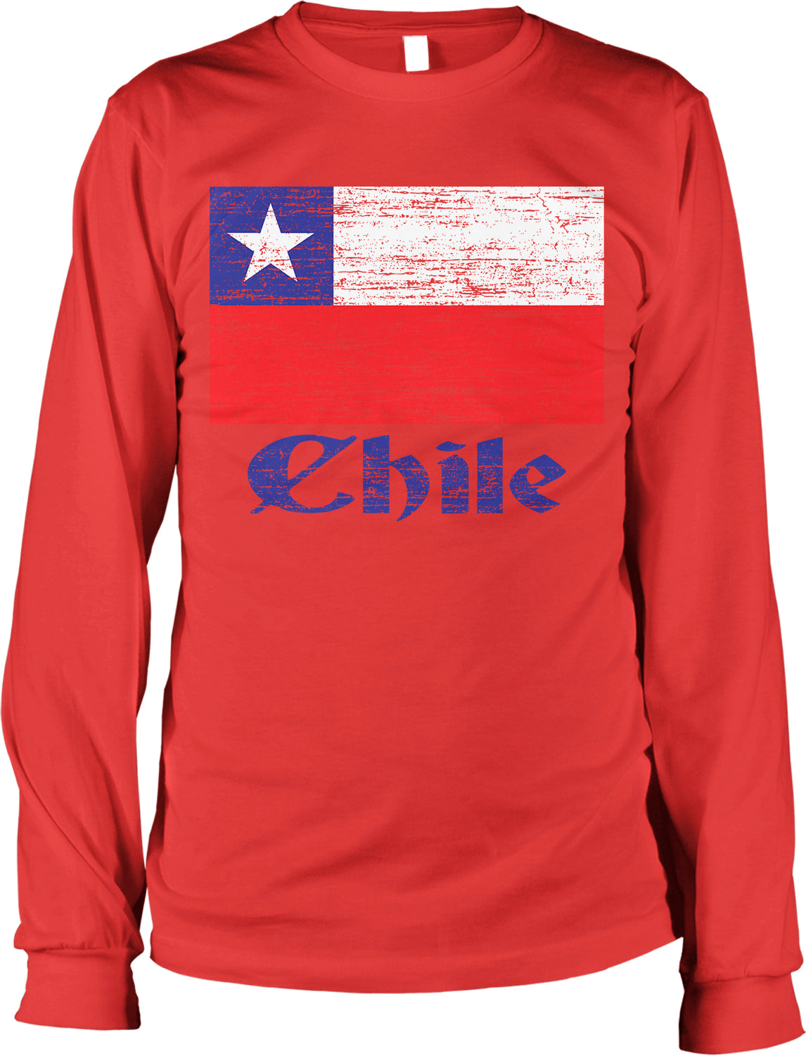 A red long-sleeved shirt with a graphic design depicting the flag of Chile and the word "Chile" written below it.