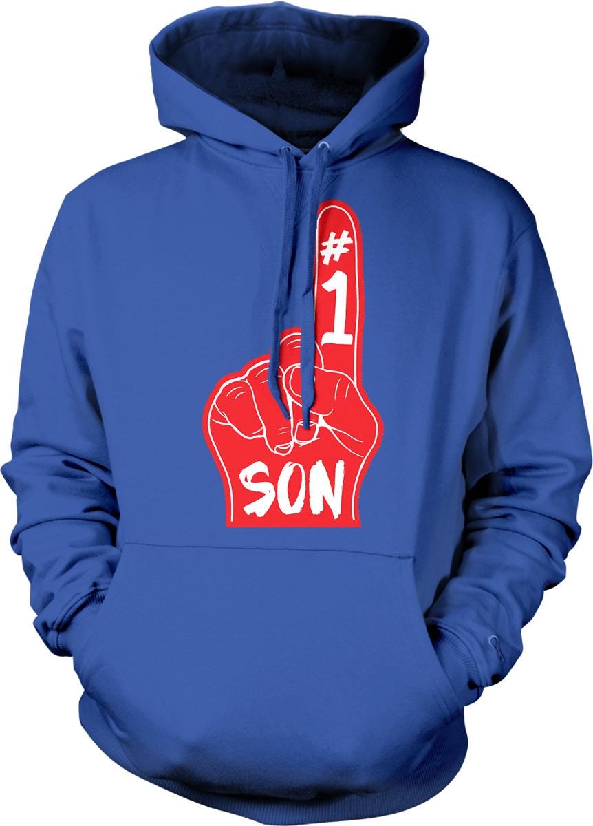 A blue hoodie with a red graphic design on the front, depicting a hand with the number 1 and the word "SON" written below it.