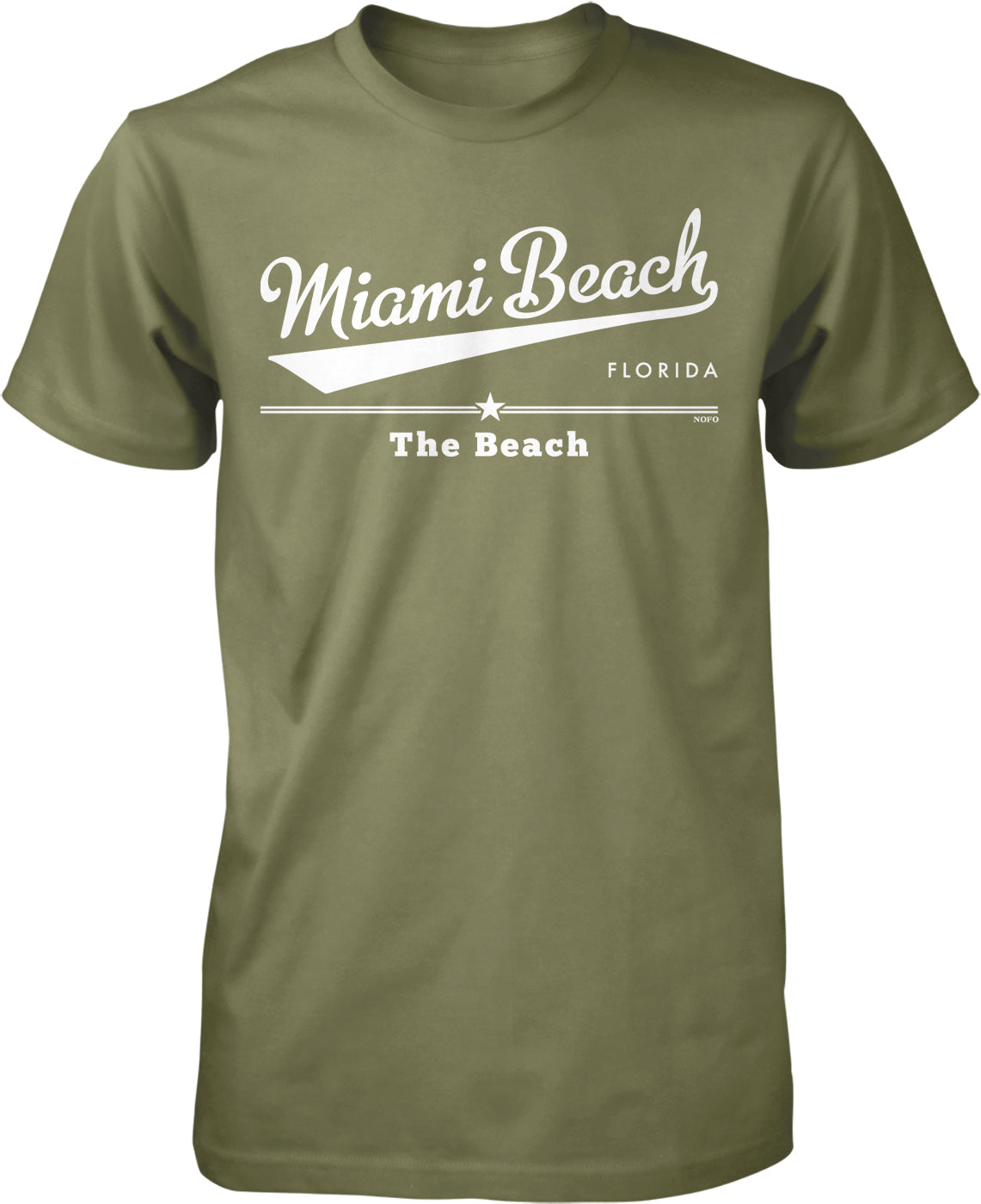 A green t-shirt with white text that says " Miami Beach, Florida" and "The Beach".