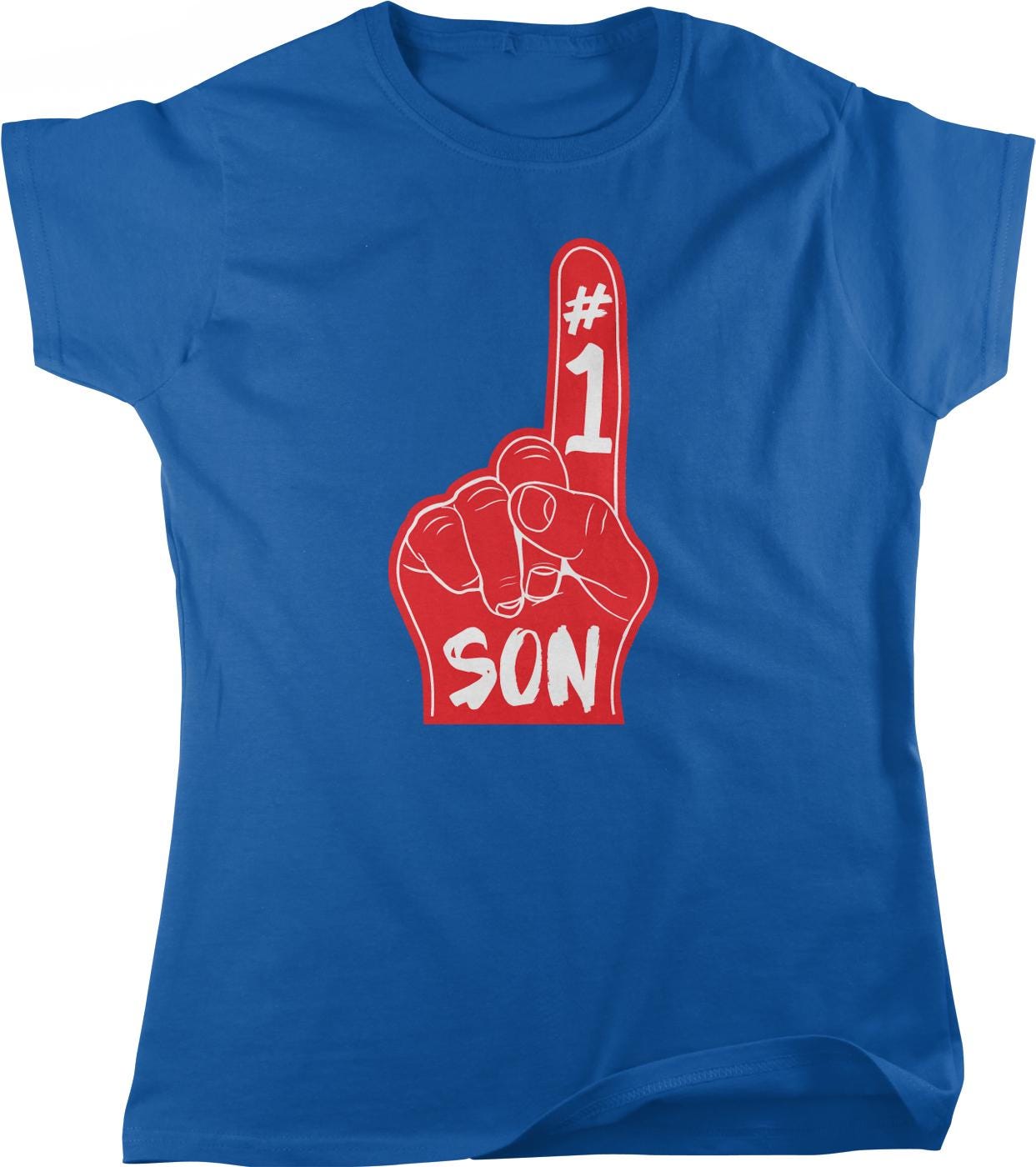 A blue t-shirt with a red graphic design on it. The design features a hand with the number 1 on it, and the word "SON" written below it.