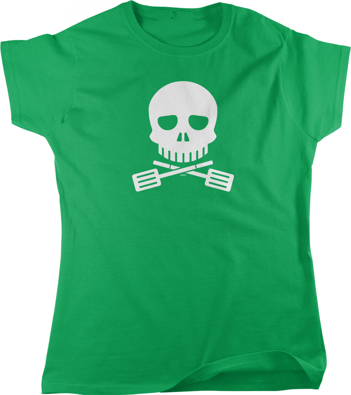 A green t-shirt with a white skull graphic and crossed spatulas printed on it.