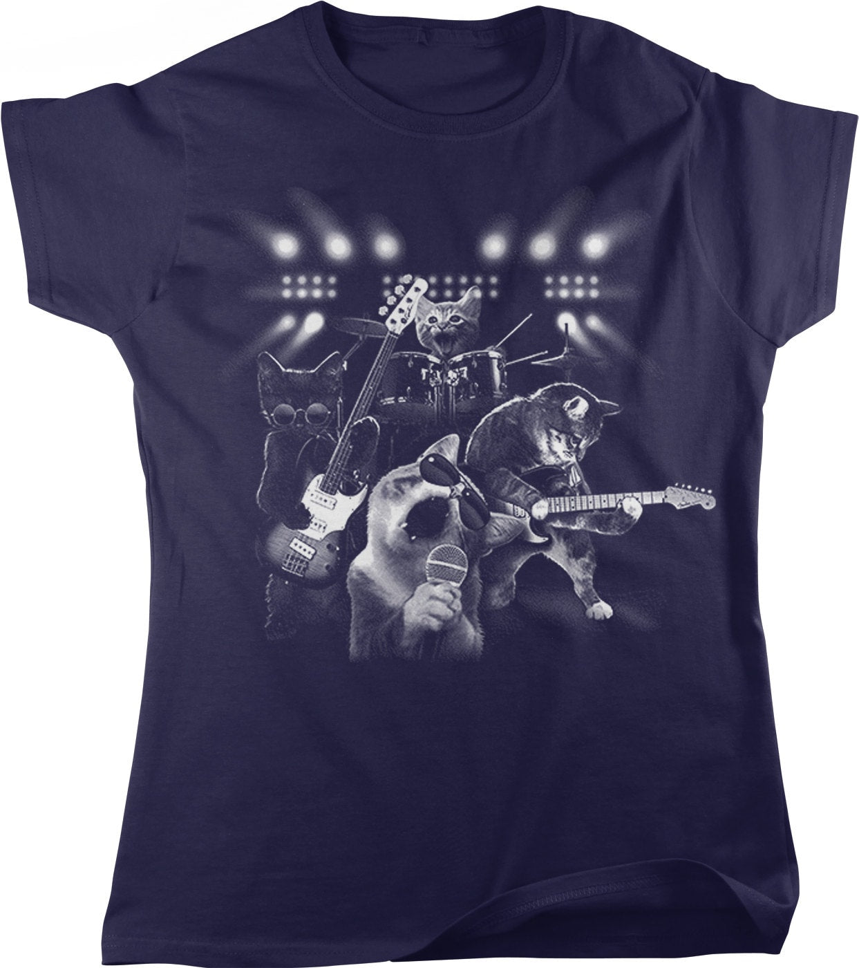 Cats Rock Band T-Shirt - Women's Graphic Tee With Cats Playing Guitar & Drums