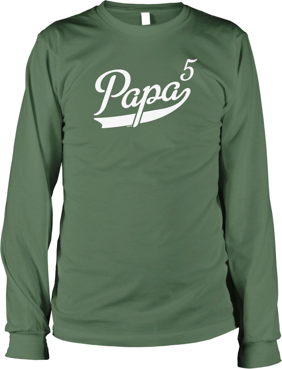 A green long-sleeved t-shirt with the text "Papa 5" printed on it.