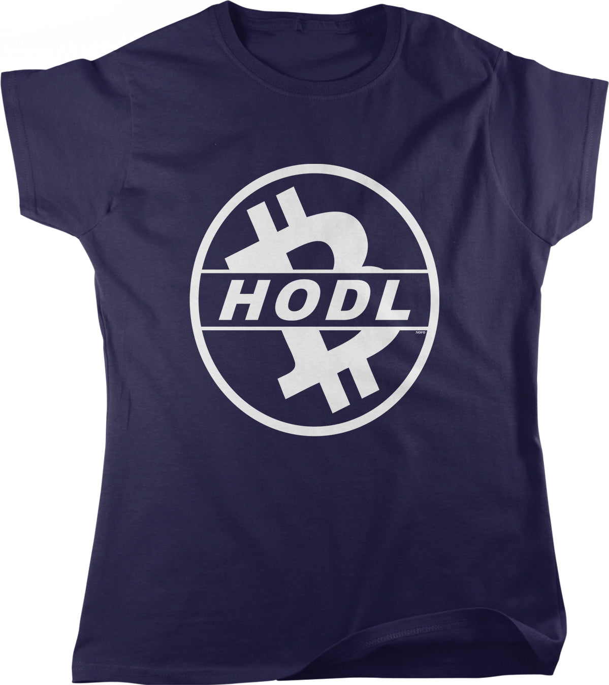 A navy blue t-shirt with a white circular logo that says "HODL" inside it.