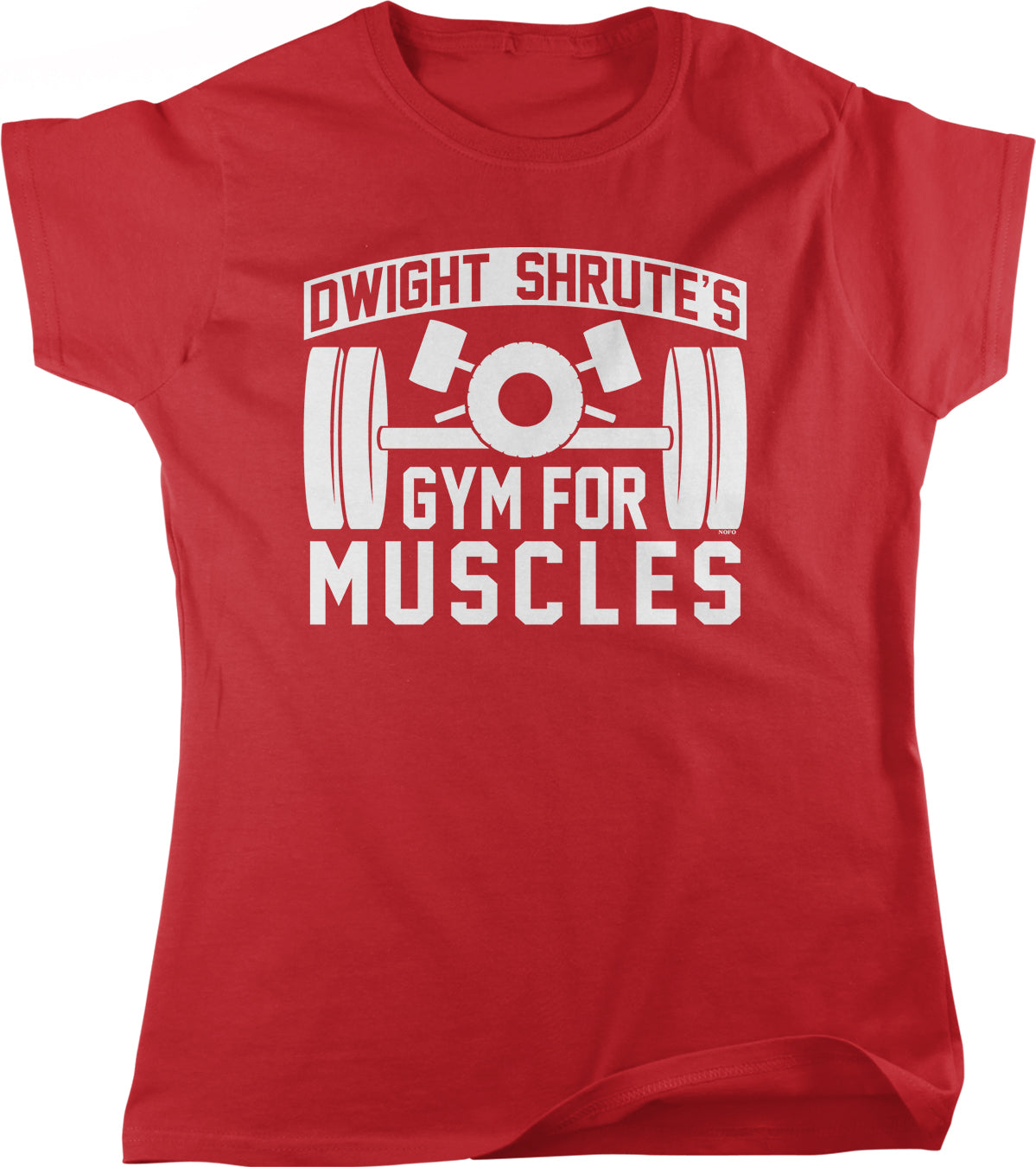 A red t-shirt with a graphic design featuring a barbell and the text "D Dwight Shrute's Gym for Muscles" printed on it.