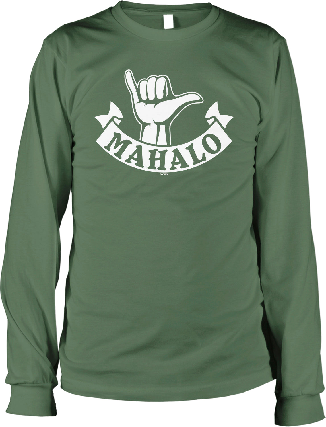 A green long-sleeved t-shirt with a white graphic design on it. The design features a hand making a "shaka" sign, and the word "MAHALO" is written below the hand.