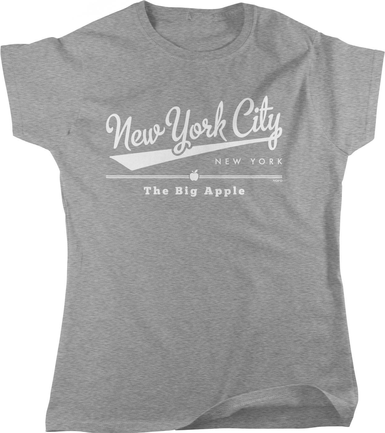 A gray t-shirt with white text and graphics that say "New York City" and "The Big Apple".