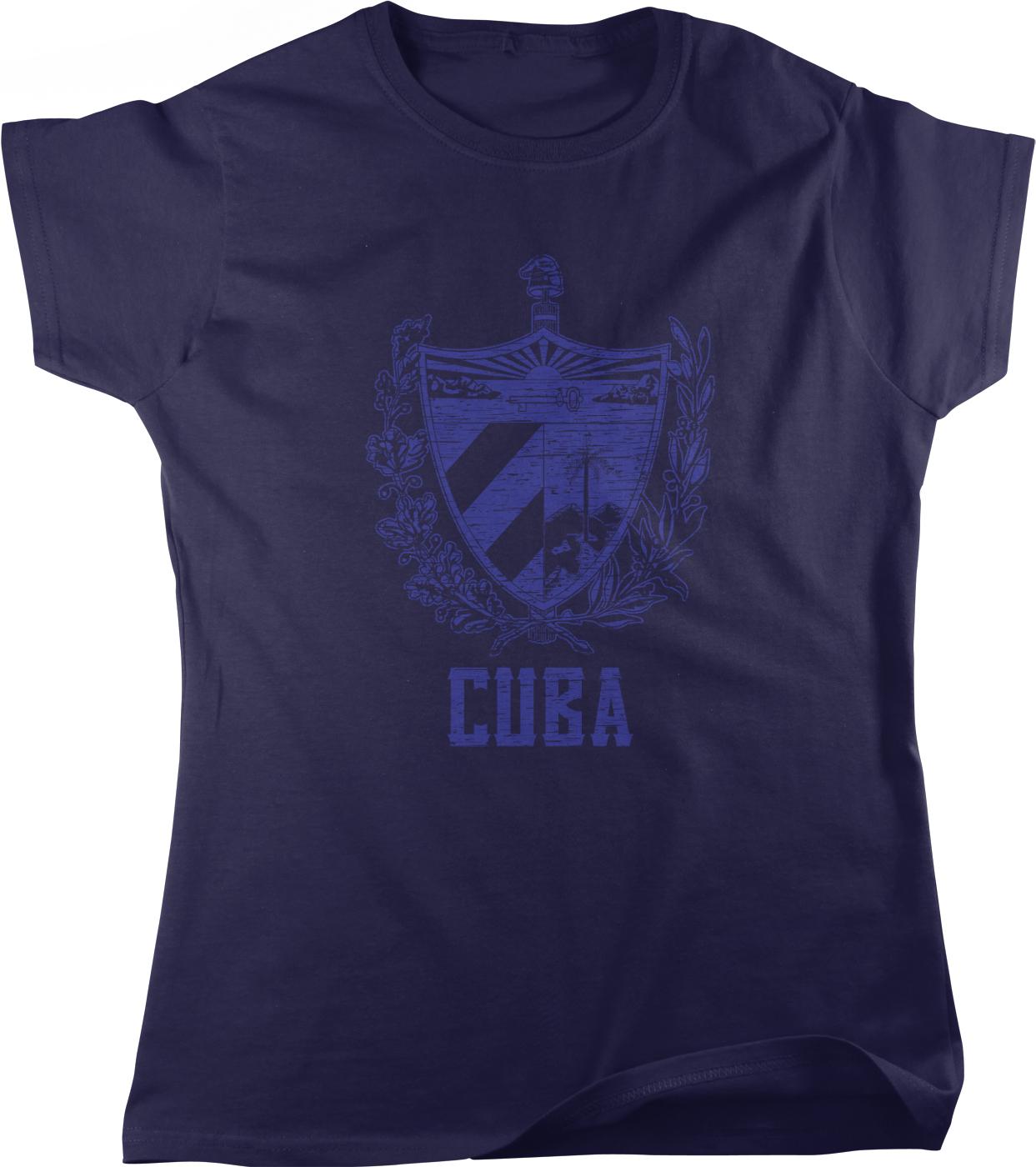 A dark blue t-shirt with a graphic design depicting a shield with a sword and a crest, along with the word "CUBA" printed below.