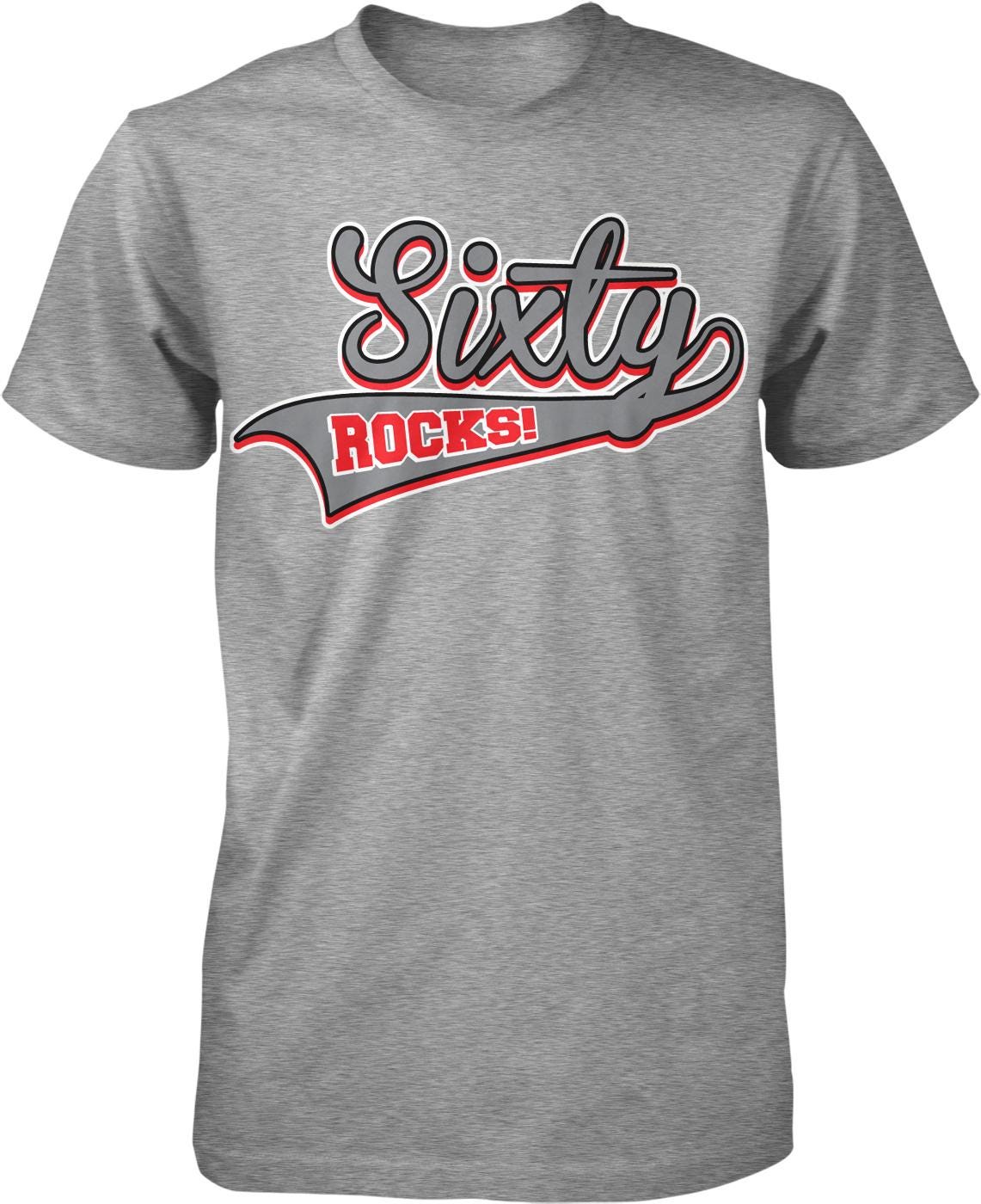 A gray t-shirt with the text "Sixty ROCKS!" printed on it in a stylized font.