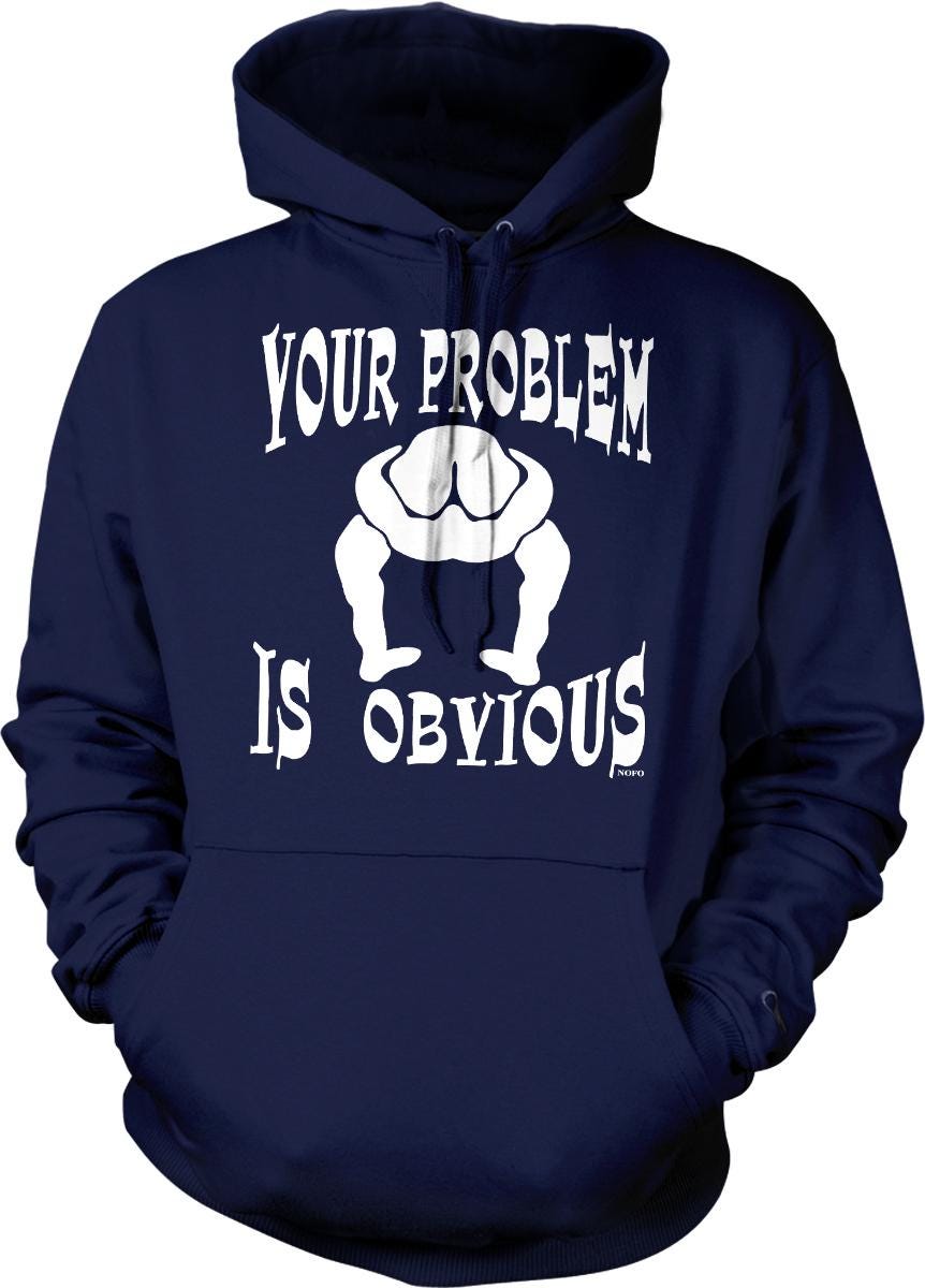 A navy blue hoodie with a white graphic and text printed on it.