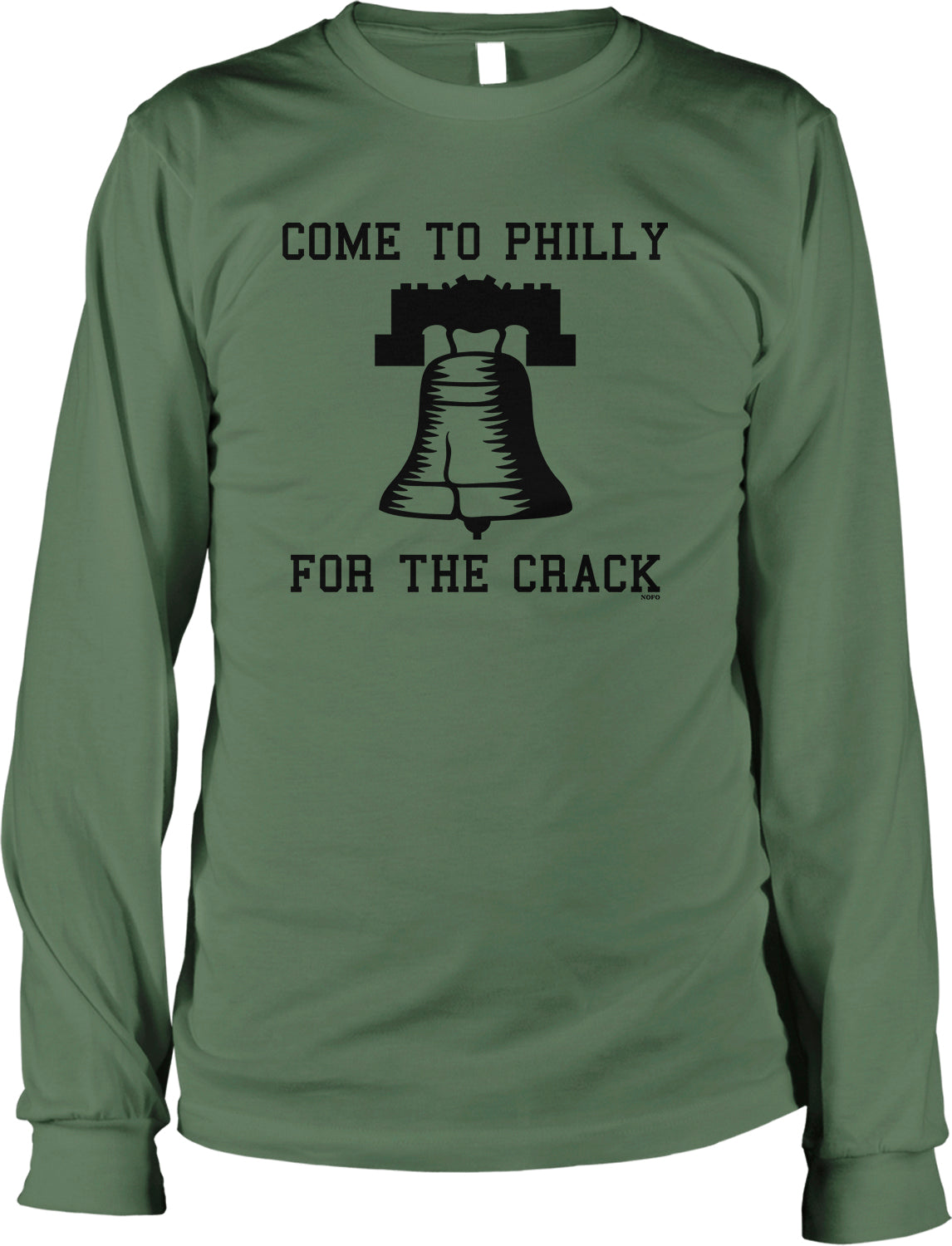 A green long-sleeved t-shirt with a graphic design featuring a bell and the text "COME TO PHILLY FOR THE CRACK".