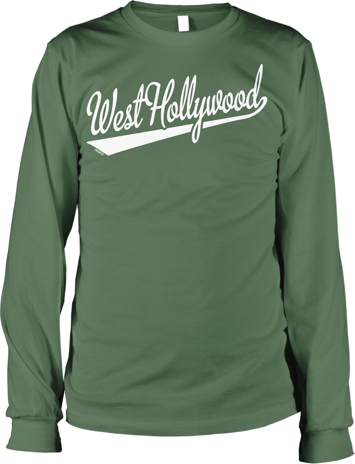 A green long-sleeved t-shirt with the text "West Hollywood" printed on it in white lettering.