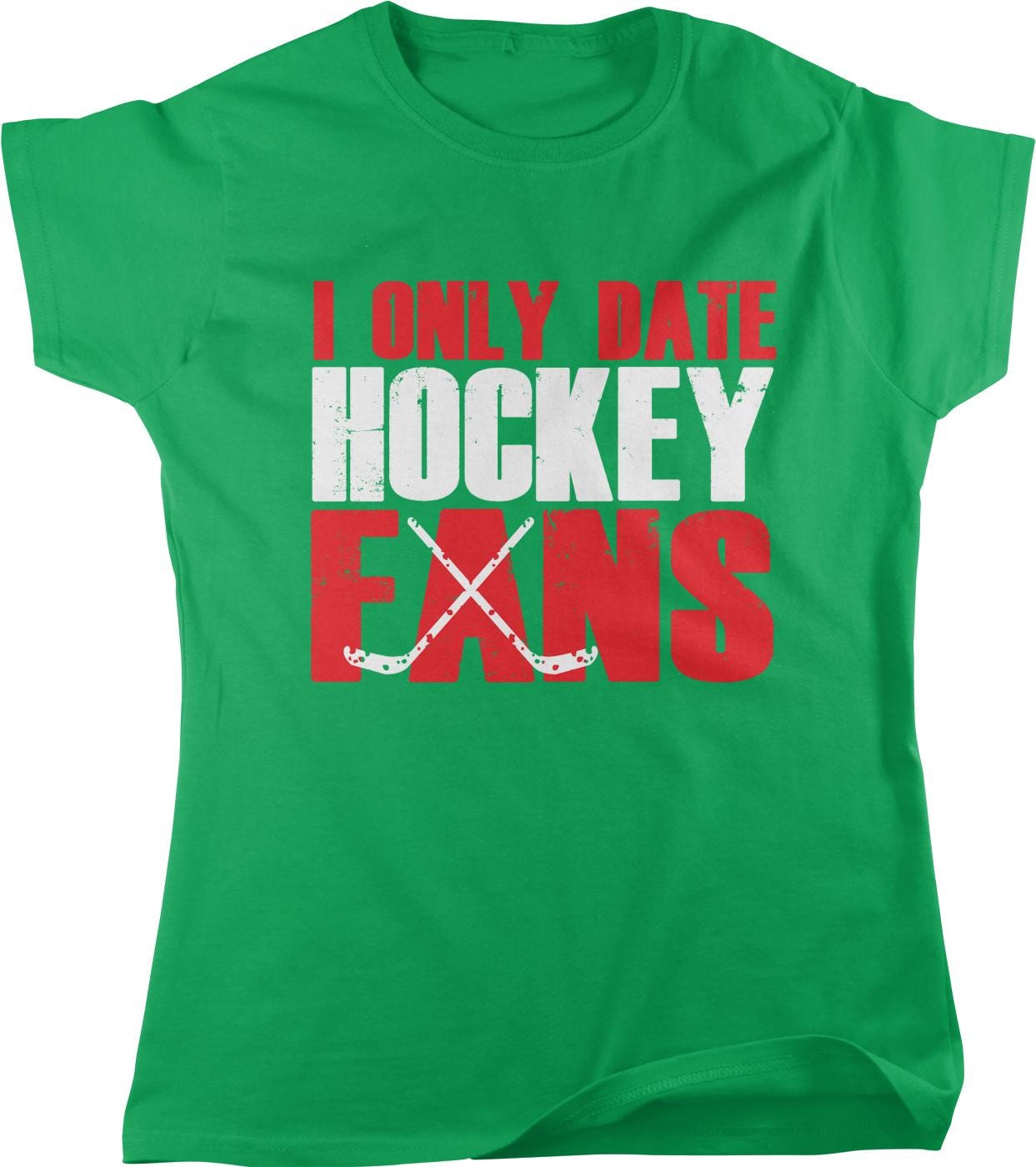 A green t-shirt with the text "I ONLY DATE HOCKEY EXAMS" printed on it.