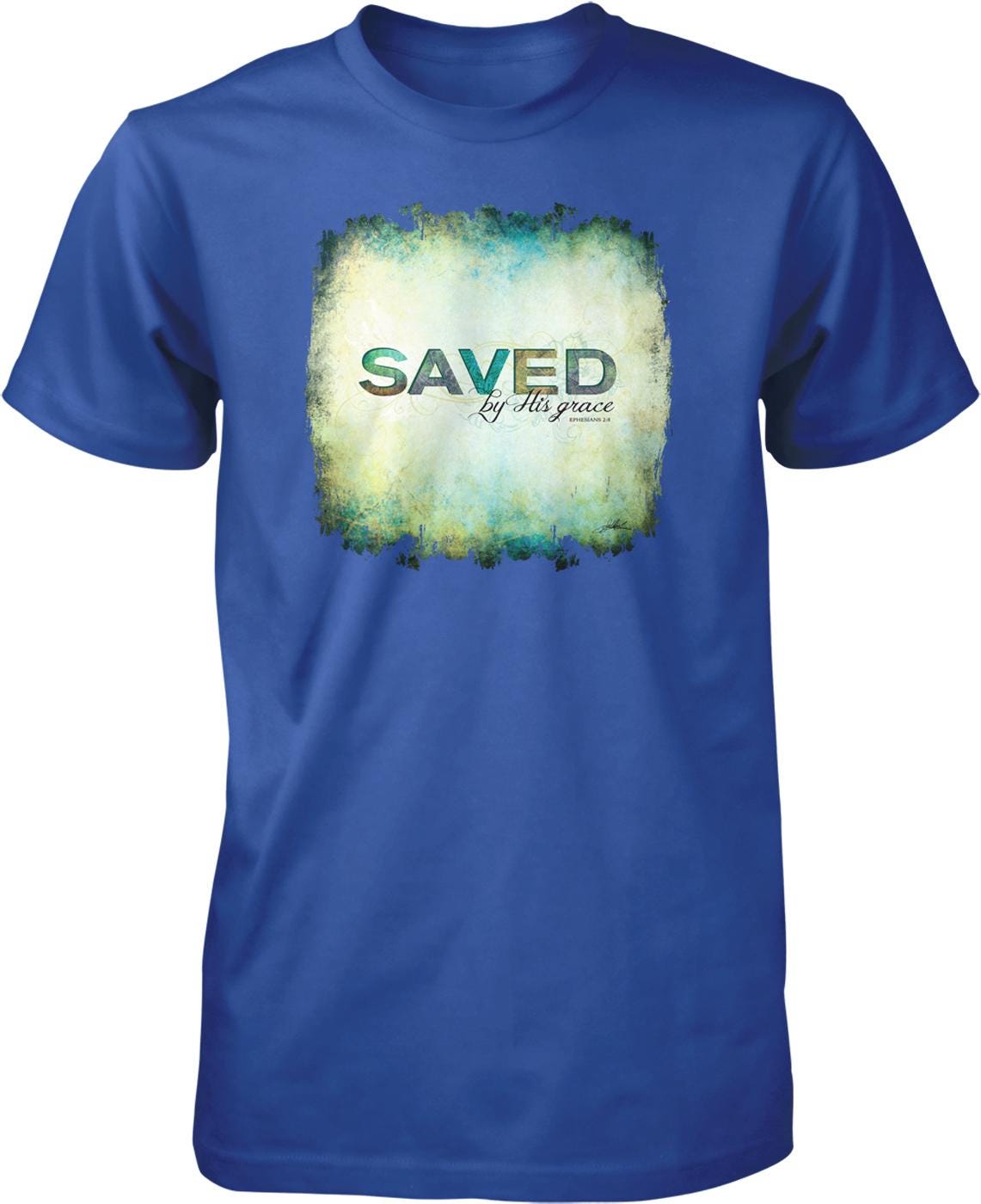 A blue t-shirt with a graphic design featuring the text "SAVED by His grace" in a distressed, grunge-like style.