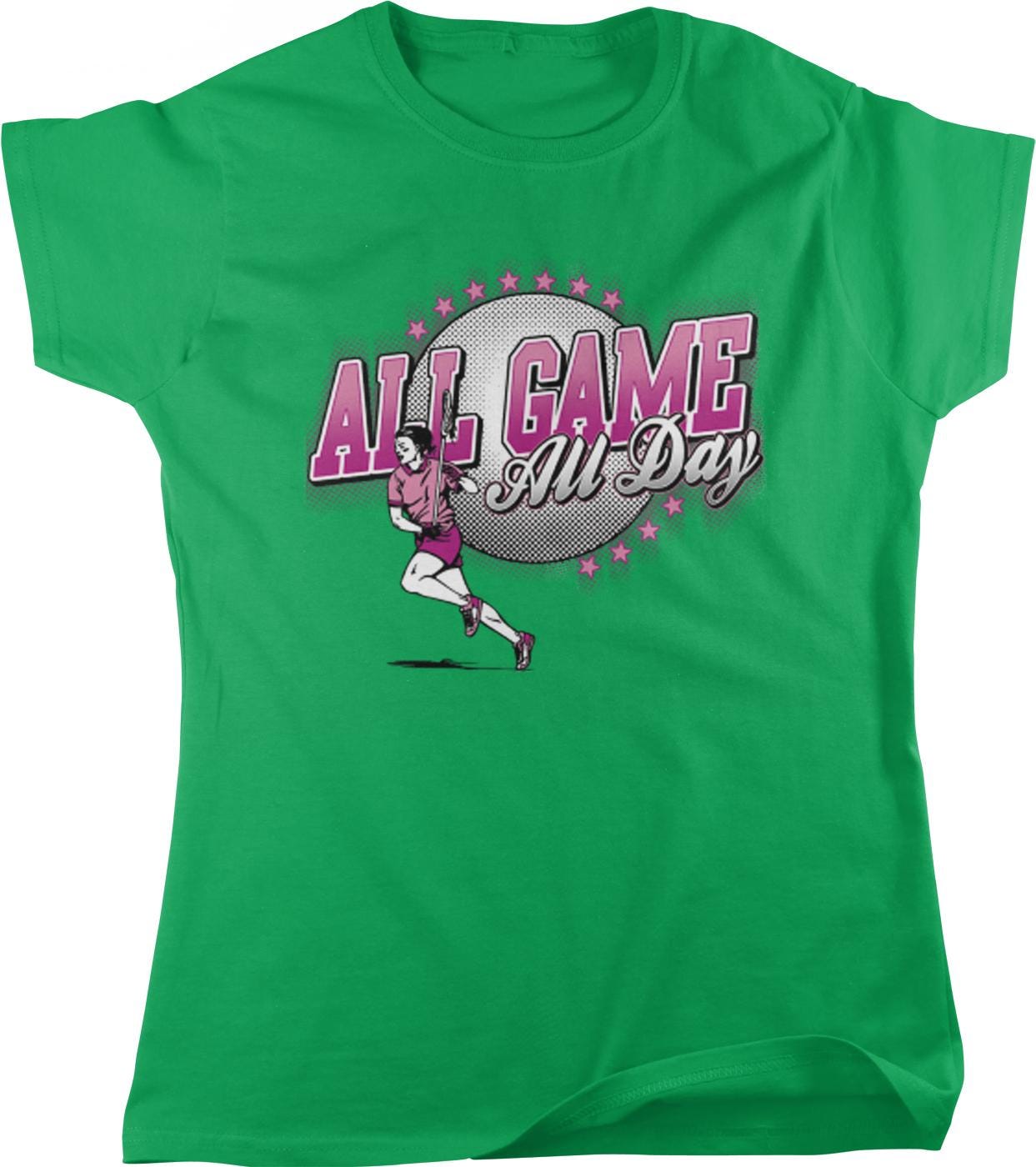 A green t-shirt with a graphic design featuring a woman running and the text "All Game All Day" in pink and white colors.