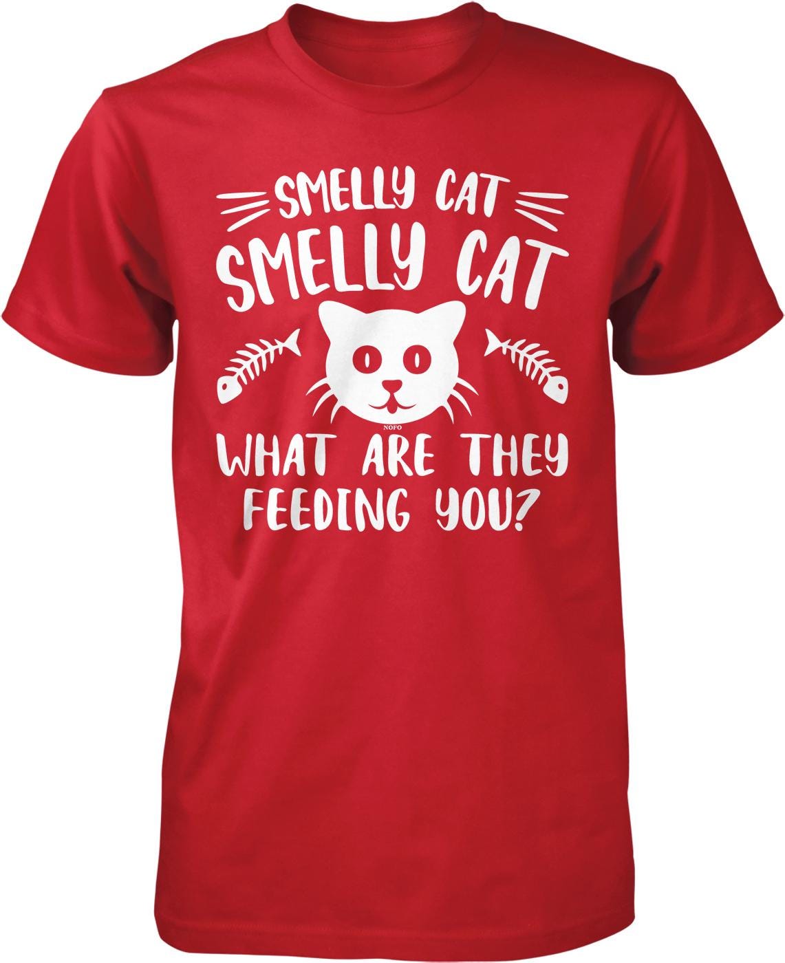 The image is a red t-shirt with white text and a cat graphic.