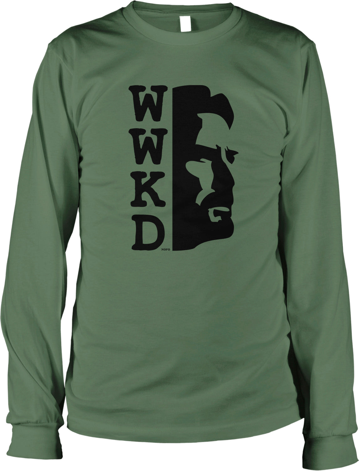 A long-sleeved green t-shirt with a black graphic design featuring a silhouette of a person's face with the letters 'WKD' above it.
