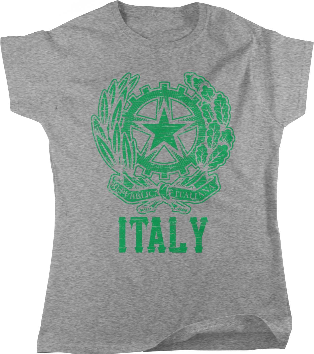 A gray t-shirt with a graphic design featuring a green star and laurel wreath, along with the text "ITALY" printed below.