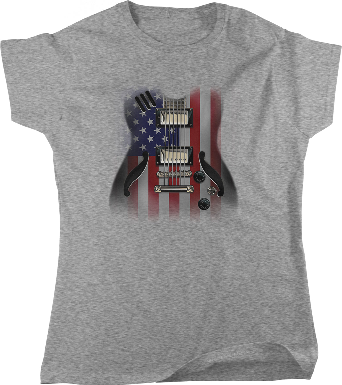 A gray t-shirt with an image of an electric guitar designed to resemble the American flag.