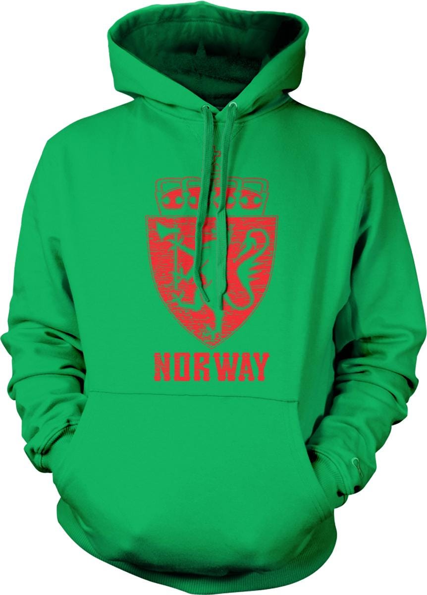 A bright green hoodie with a red graphic and text on it.