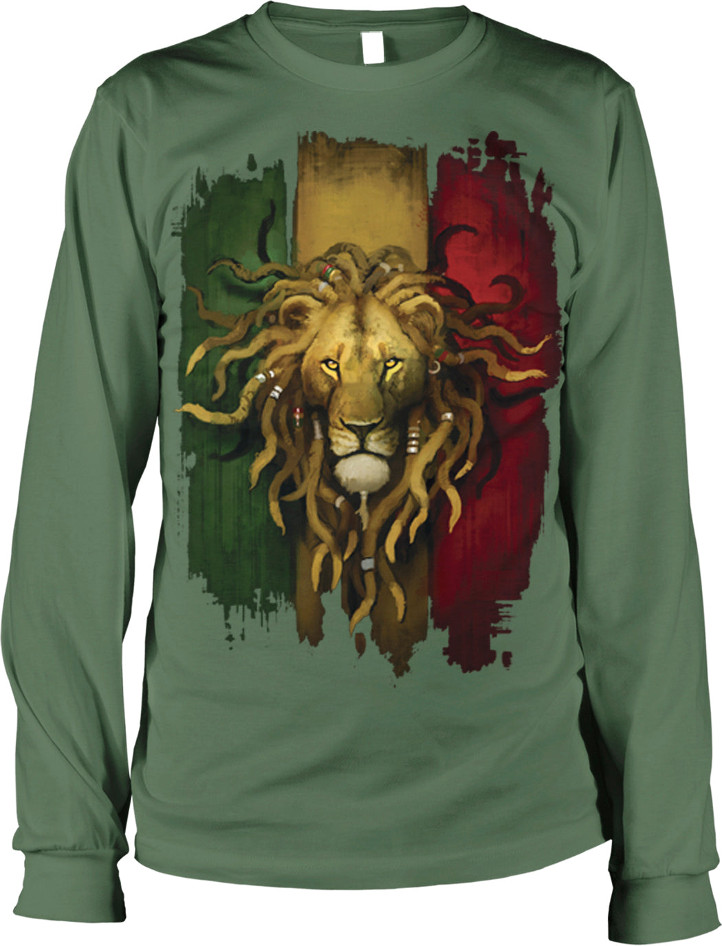 A green long-sleeved t-shirt with a graphic design depicting a lion's head surrounded by colorful brushstrokes in red, green, and yellow.