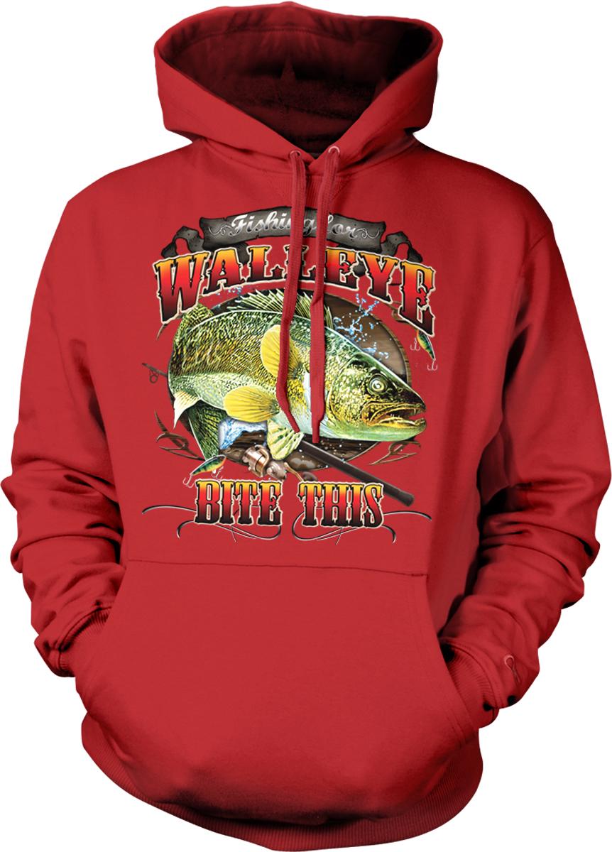 A red hoodie with a graphic design featuring a fish and the text "Wallee this" printed on it.