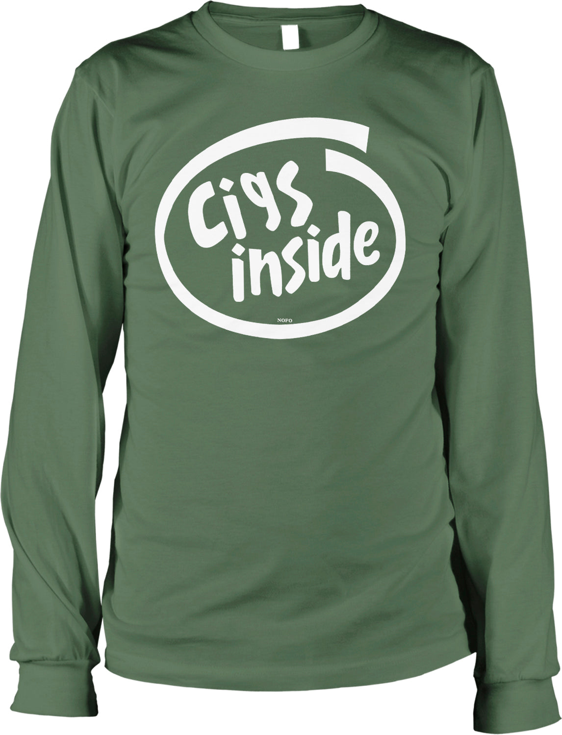 A long-sleeved green t-shirt with the text "Cig's inside" printed on it in white.