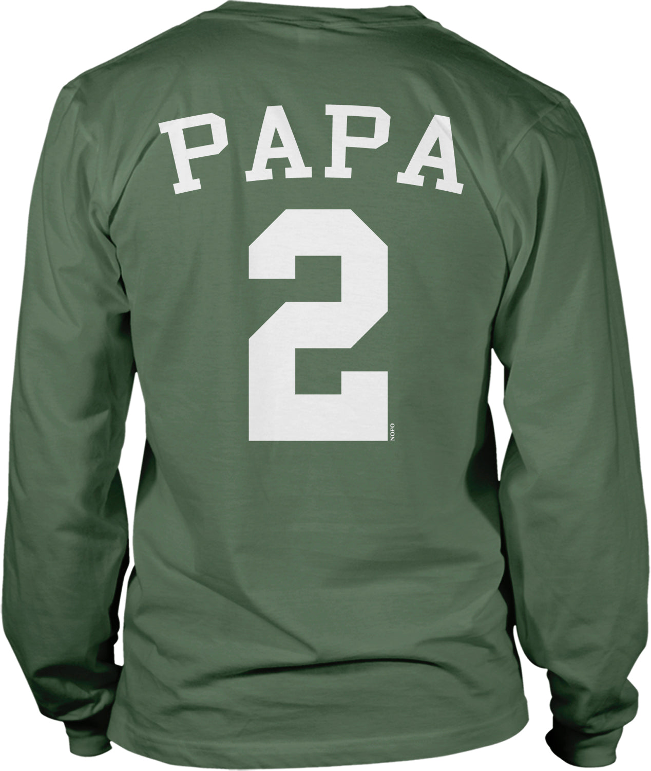 A green long-sleeved t-shirt with the text "PAPA 2" printed on the back.