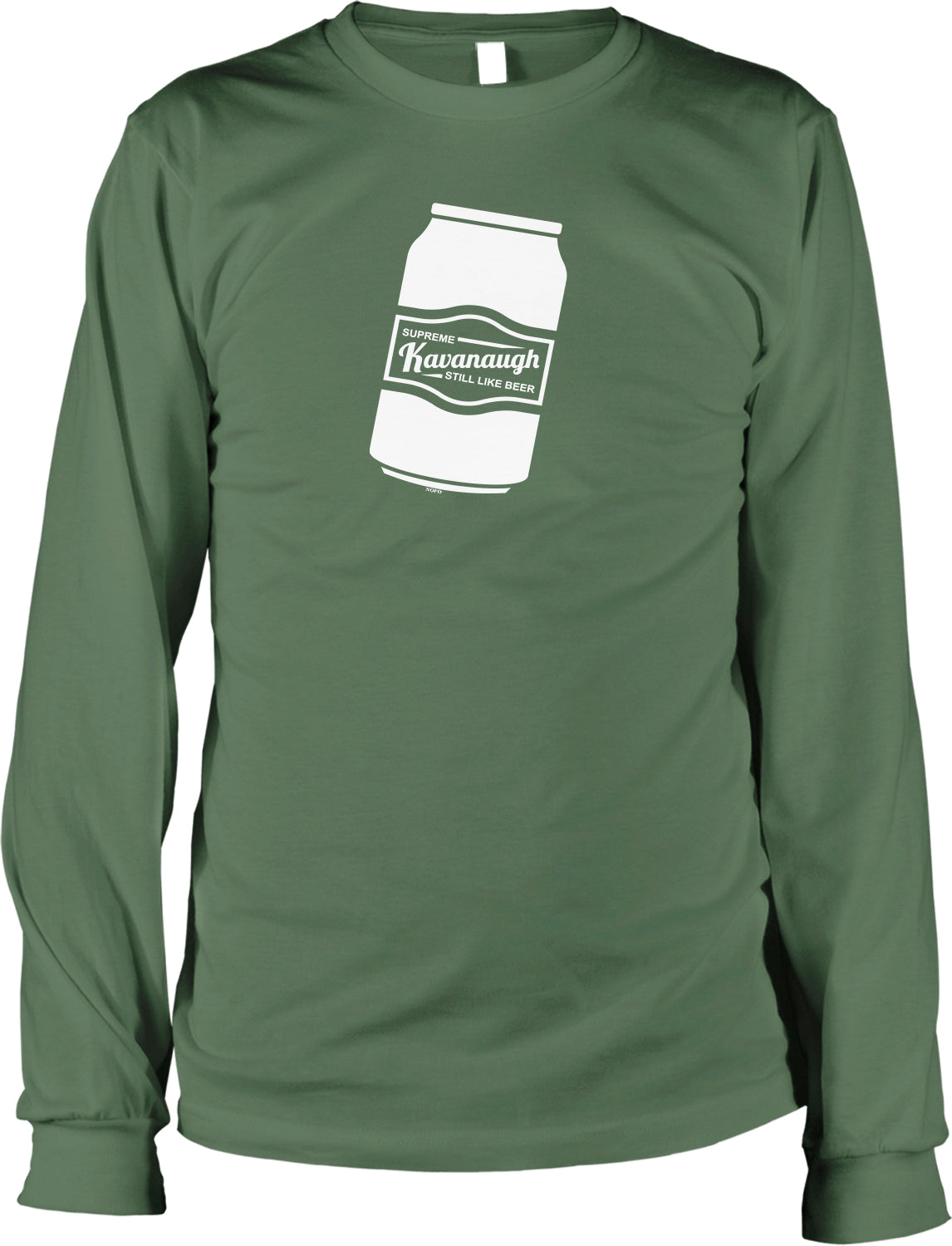 A green long-sleeved t-shirt with a white graphic of a can of beer printed on it.