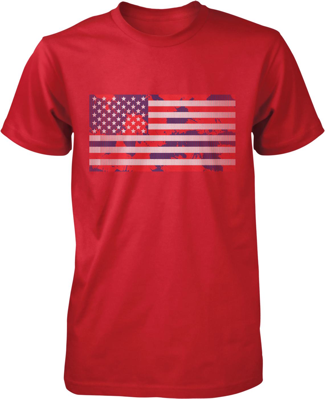 A red t-shirt with a graphic design featuring the American flag and a silhouette of a person.