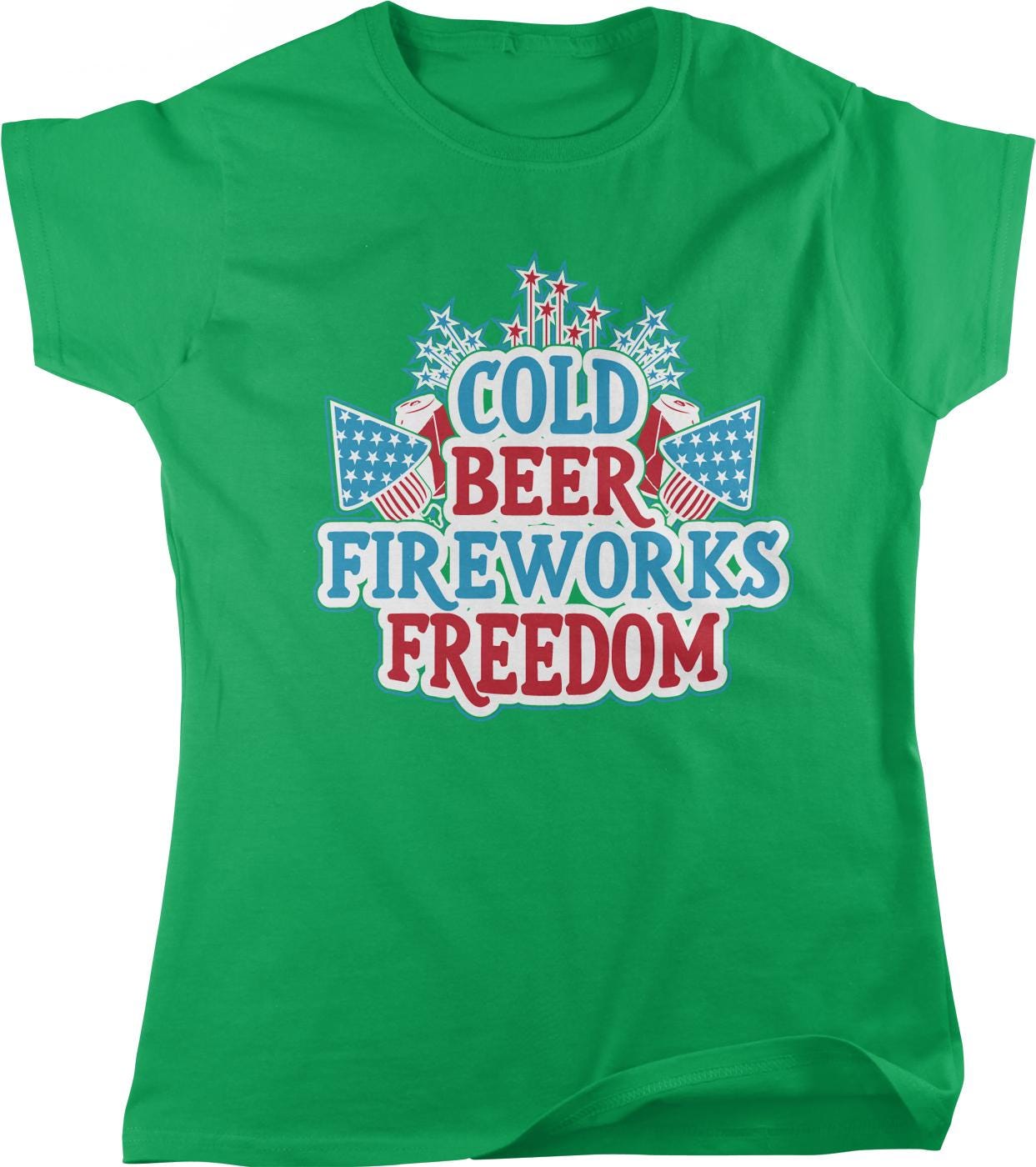 A green t-shirt with a graphic design that says "COLD BEER FIREWORKS FREEDOM" in bold letters.
